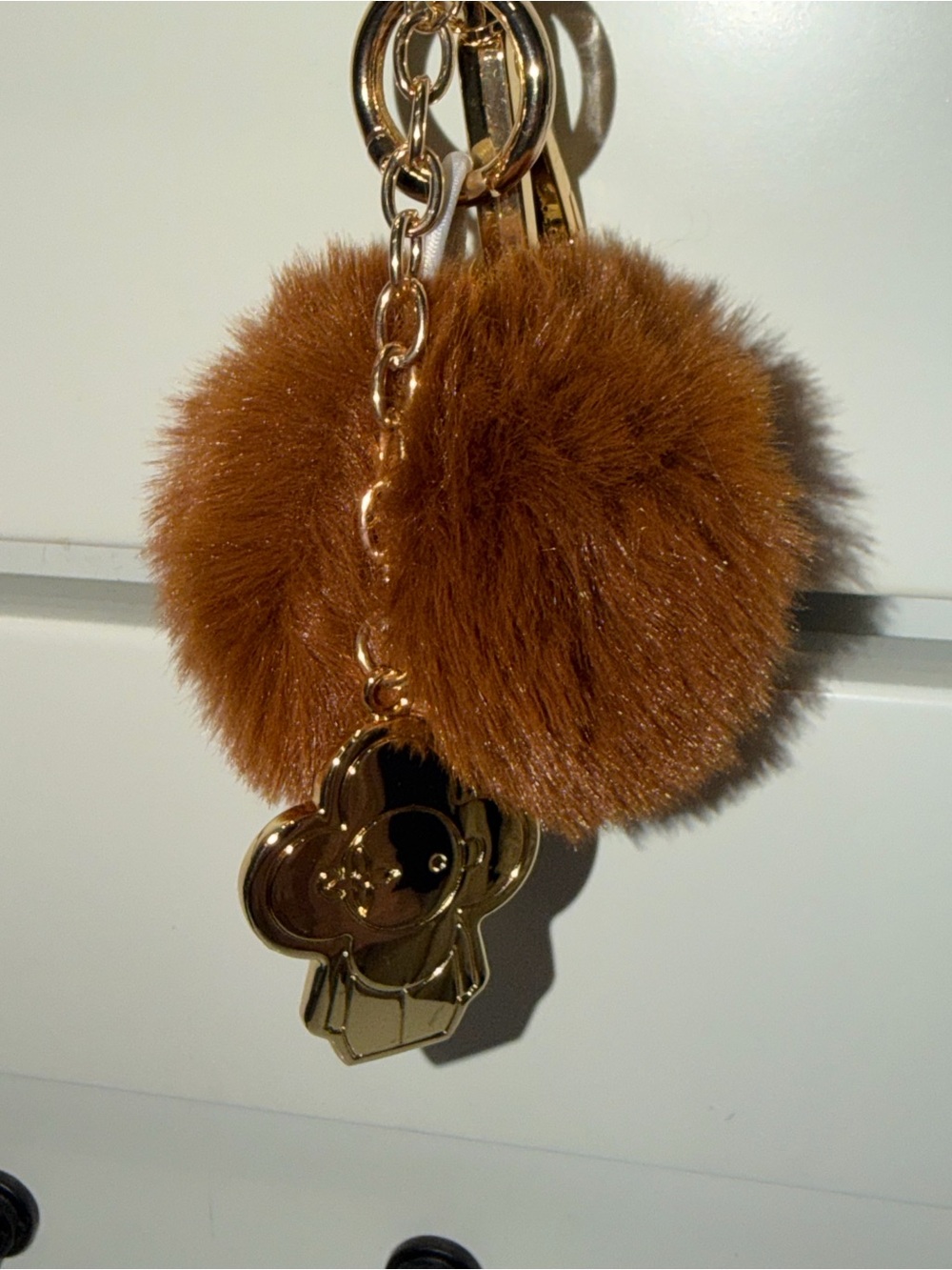 Plush Pom Pom Keychain with Gold Charm - Brown